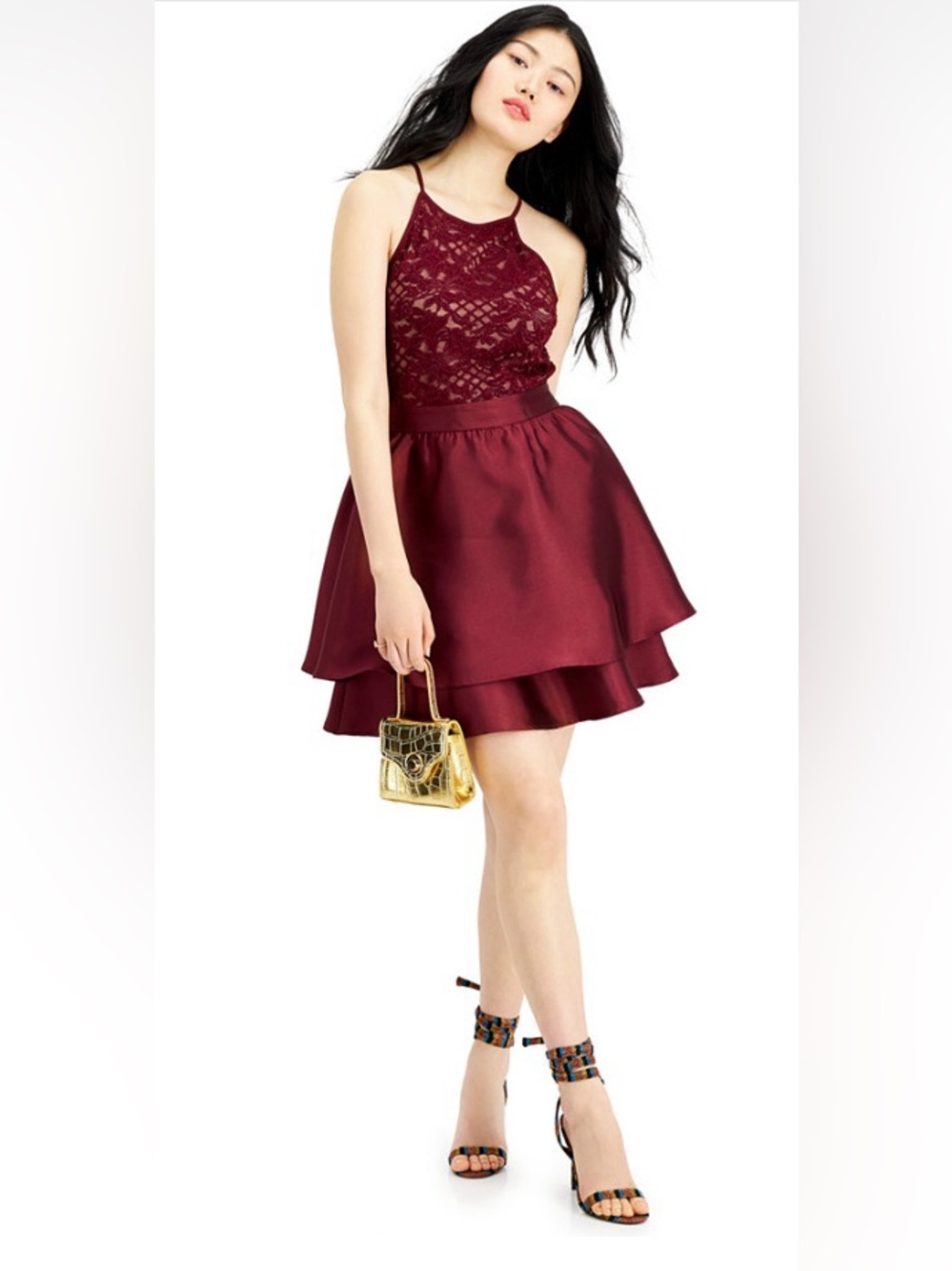 NWT Emerald Sundae Jr Burgundy Lace Halter Satin Prom Dress
